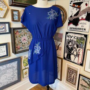 80s Vintage Blue Crepe Dress with Ruffle and Painted Orchid Size XL